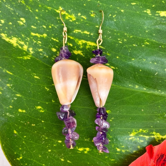 💜14KGoldFilled Real Seashell/Amethyst Earrings - Picture 3 of 5